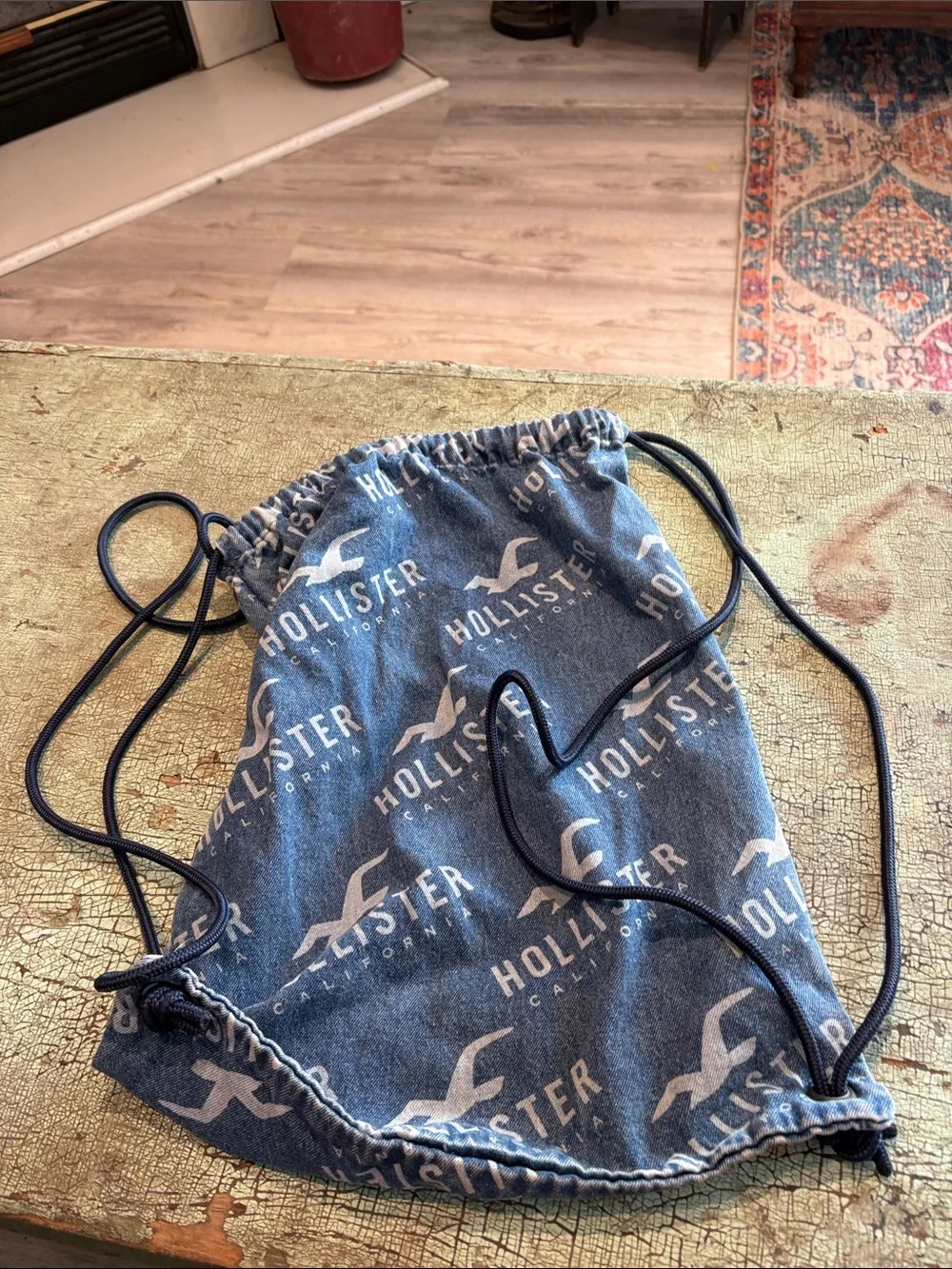 Hollister California Blue Denim Logo Drawstring Backpack Bag
